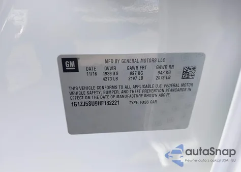 2017 Chevrolet Malibu Hybrid z USA, uszkodzony, nr VIN 1G1ZJ5SU9HF182221